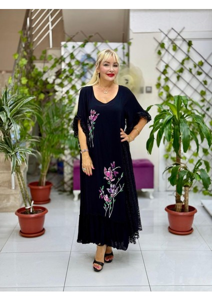 VL7795 Dantel Detay Çiçek Baskılı Vual Elbise Siyah