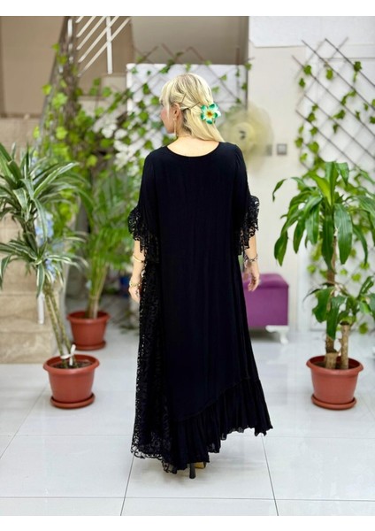 VL7795 Dantel Detay Çiçek Baskılı Vual Elbise Siyah fiyatları