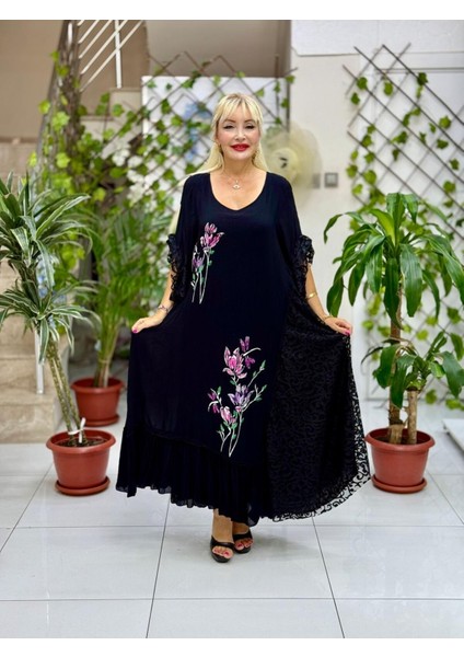 VL7795 Dantel Detay Çiçek Baskılı Vual Elbise Siyah modelleri