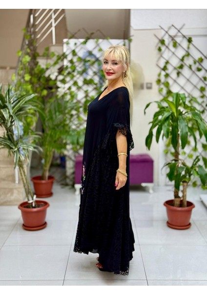 VL7795 Dantel Detay Çiçek Baskılı Vual Elbise Siyah fırsatları