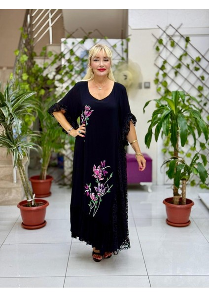 VL7795 Dantel Detay Çiçek Baskılı Vual Elbise Siyah indirimleri