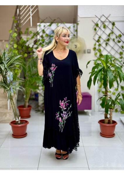 VL7795 Dantel Detay Çiçek Baskılı Vual Elbise Siyah