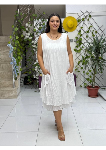 VL3029 Çift Kat Kolsuz Vual Elbise Beyaz