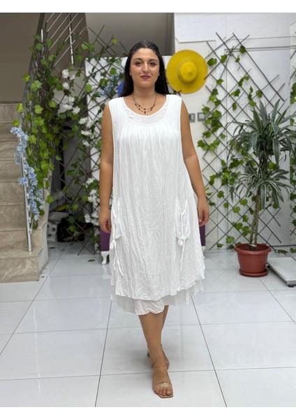 VL3029 Çift Kat Kolsuz Vual Elbise Beyaz modelleri