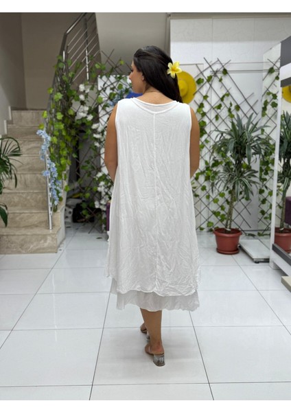 VL3029 Çift Kat Kolsuz Vual Elbise Beyaz fırsatları