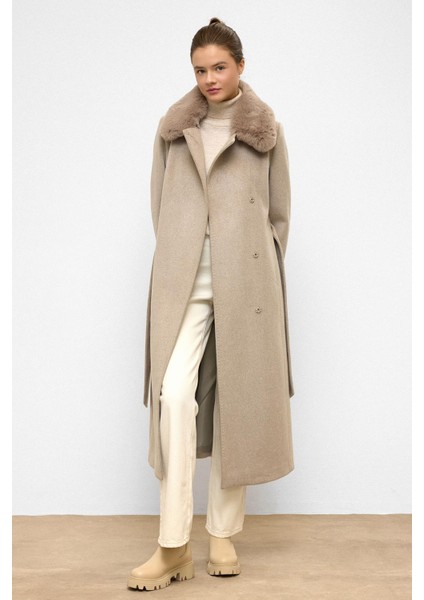 Yakası Çıkabilen Kürklü Punto Dikiş Detaylı Premium Uzun Kaban Taş 3092