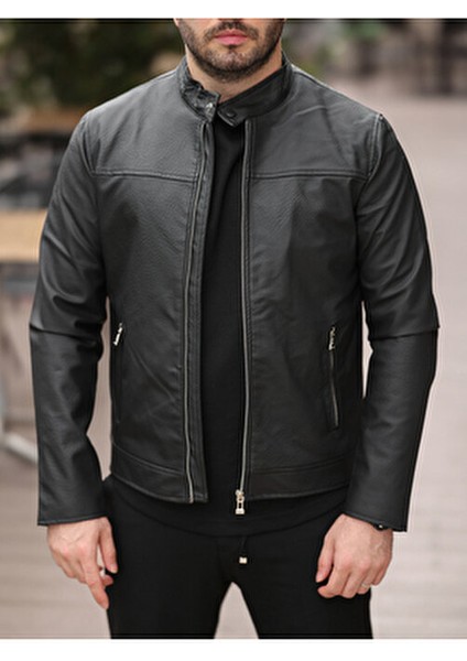 Erkek Slim Fit Siyah Suni Deri Ceket Dik Yaka Çift Cepli Günlük Stil