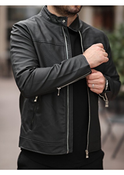 Erkek Slim Fit Siyah Suni Deri Ceket Dik Yaka Çift Cepli Günlük Stil fiyatları
