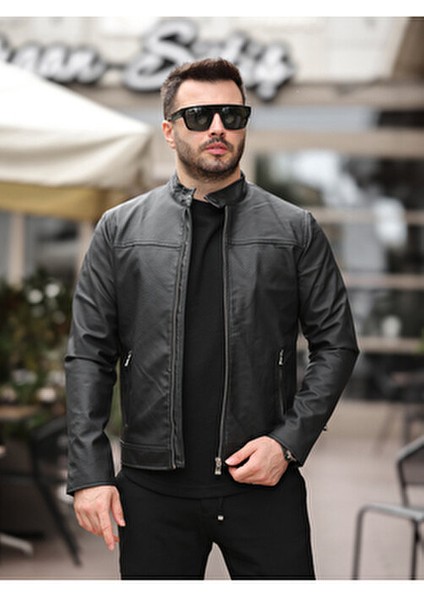 Erkek Slim Fit Siyah Suni Deri Ceket Dik Yaka Çift Cepli Günlük Stil modelleri