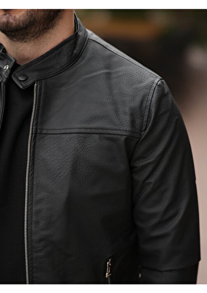Erkek Slim Fit Siyah Suni Deri Ceket Dik Yaka Çift Cepli Günlük Stil indirimleri
