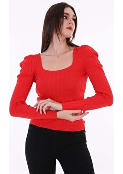 Kadın Kırmızı Kolu Pileli Büzgülü Prenses Kol Kare Yaka Bluz Kazak fiyatları