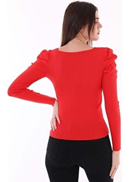 Kadın Kırmızı Kolu Pileli Büzgülü Prenses Kol Kare Yaka Bluz Kazak indirimleri