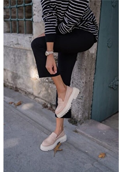 Kadın Nude Oxford Ayakkabı Vegan Suni Deri Malzeme Kalın Taban Bağcıksız modelleri