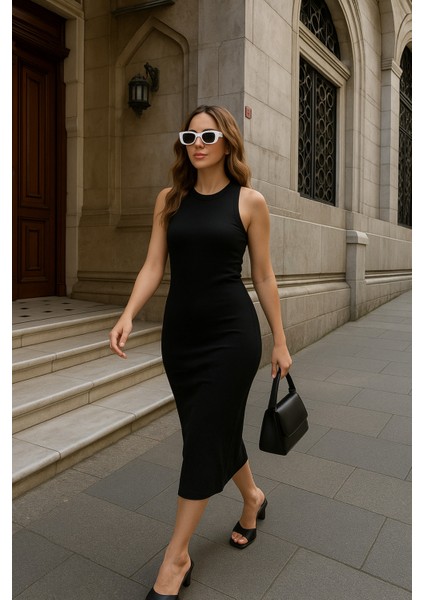 Kadın Çizgili Kolsuz Spor Şık Casual Yazlık Elbise