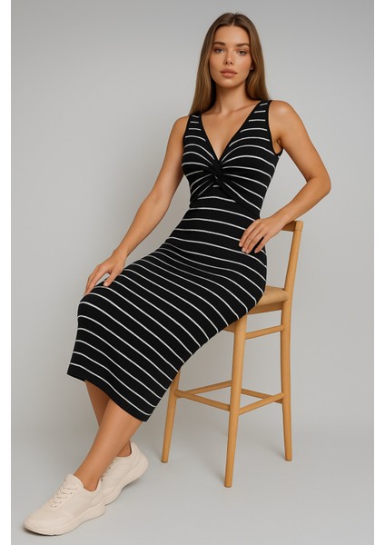 Kadın Önden Düğüm Tasarım Model Yazlık Midi Boy Rahat Kalıp Esnek Pamuk Elbise fiyatları