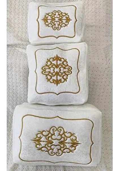 3'lü Hurç Set Çeyizlik Nişan Bohça Gelin Bohçası Damat Bohçası Kadife Gold Işlemeli Krem