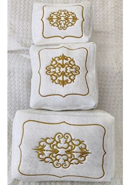 3'lü Hurç Set Çeyizlik Nişan Bohça Gelin Bohçası Damat Bohçası Kadife Gold Işlemeli Krem modelleri