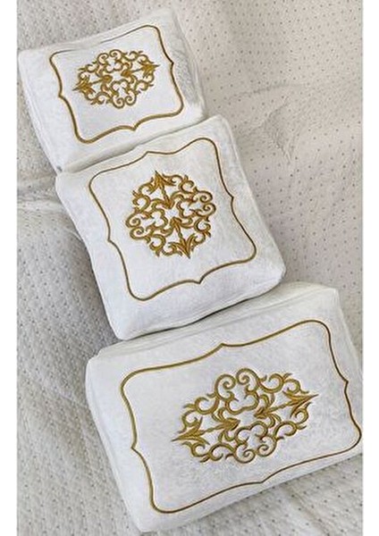 3'lü Hurç Set Çeyizlik Nişan Bohça Gelin Bohçası Damat Bohçası Kadife Gold Işlemeli Krem