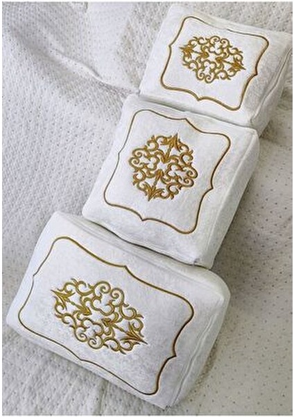 3'lü Hurç Set Çeyizlik Nişan Bohça Gelin Bohçası Damat Bohçası Kadife Gold Işlemeli Krem