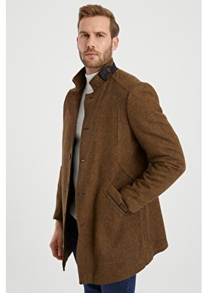 Hardal Renk Dik Yaka Kaşe Kaban Uzun Kol Polyester Karışımlı fırsatları