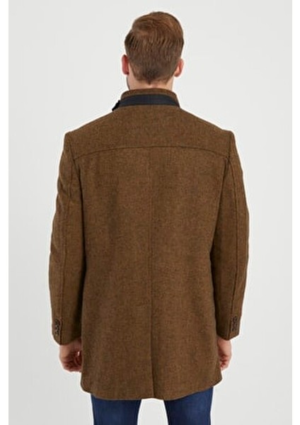 Hardal Renk Dik Yaka Kaşe Kaban Uzun Kol Polyester Karışımlı