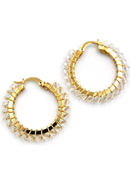 Kristal Boncuk Halka Küpe - Beyaz