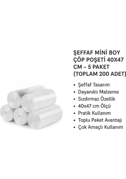 Şeffaf Mini Boy Çöp Poşeti, 40 Adetli Rulo, 40X47 cm – 5 Paket (Toplam 200 Adet)