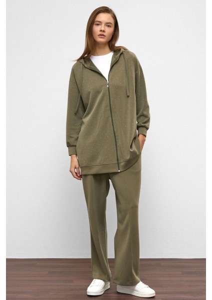 Kapüşonlu Fermuarlı Taş Bezeli Premium Kumaş Sweat Pantolon Takım Haki 9371-TK