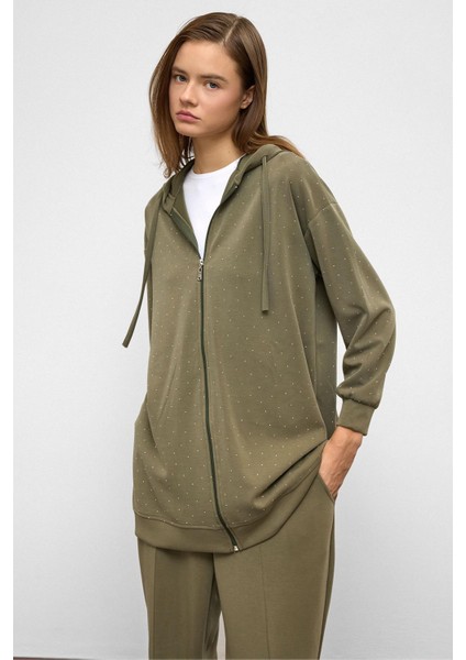 Kapüşonlu Fermuarlı Taş Bezeli Premium Kumaş Sweat Pantolon Takım Haki 9371-TK fiyatları