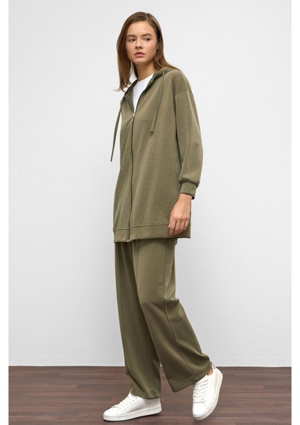 Kapüşonlu Fermuarlı Taş Bezeli Premium Kumaş Sweat Pantolon Takım Haki 9371-TK modelleri