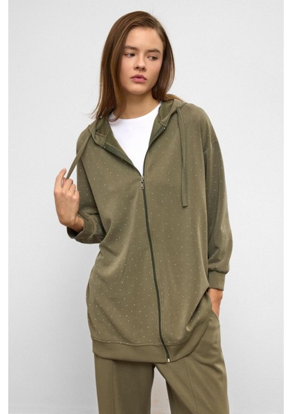 Kapüşonlu Fermuarlı Taş Bezeli Premium Kumaş Sweat Pantolon Takım Haki 9371-TK fırsatları