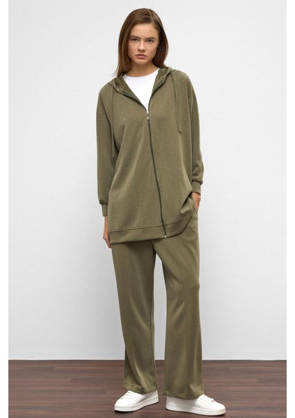 Kapüşonlu Fermuarlı Taş Bezeli Premium Kumaş Sweat Pantolon Takım Haki 9371-TK indirimleri