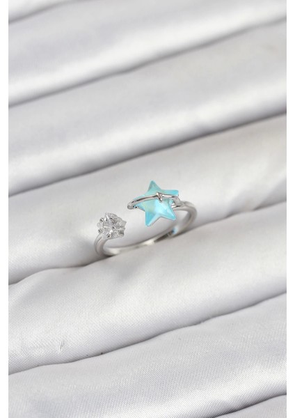 Bfs Pirinç Gümüş Renk Mavi Yıldızlı Model Kadın Yüzük