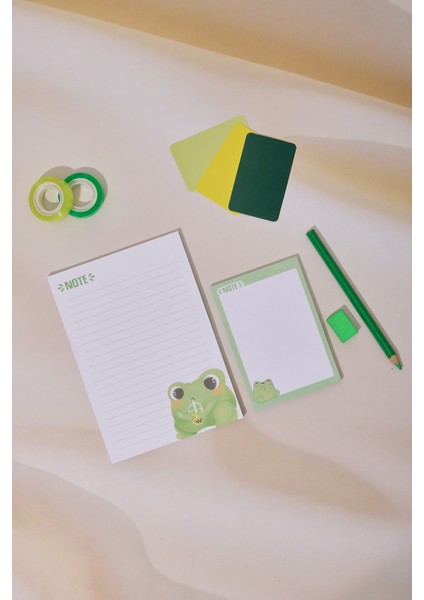 2'li Masaüstü Yeşil Kurbağa Notepad Çizgili Orta ve Noktalı Küçük Boy 100 Sayfa Not Defteri