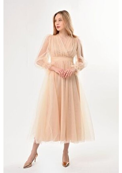 Önü Kruvaze Uzun Kol Tül Abiye Elbise Trend Şıklıkta Kadınlar İçin Özel Günler indirimleri