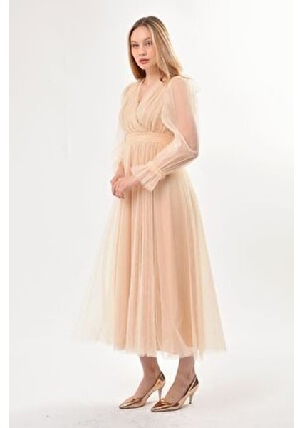 Önü Kruvaze Uzun Kol Tül Abiye Elbise Trend Şıklıkta Kadınlar İçin Özel Günler