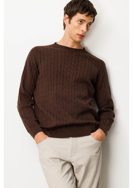 Erkek Sıfır Yaka Saç Örgülü Kazak Kahve