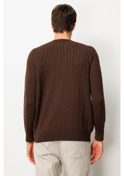 Erkek Sıfır Yaka Saç Örgülü Kazak Kahve modelleri