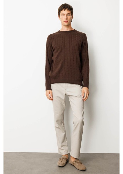 Erkek Sıfır Yaka Saç Örgülü Kazak Kahve indirimleri