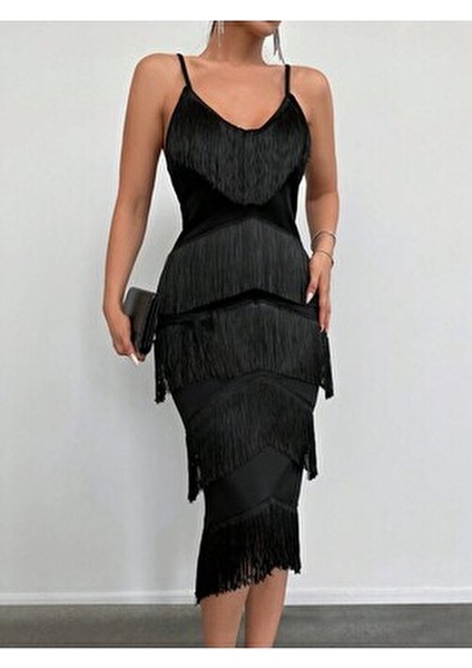 Kadın Askılı Püsküllü Şık Abiye Siyah Gece Elbisesi