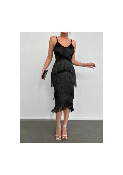 Kadın Askılı Püsküllü Şık Abiye Siyah Gece Elbisesi fiyatları