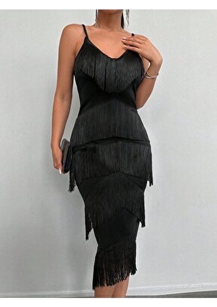 Kadın Askılı Püsküllü Şık Abiye Siyah Gece Elbisesi modelleri