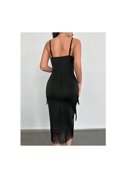 Kadın Askılı Püsküllü Şık Abiye Siyah Gece Elbisesi fırsatları