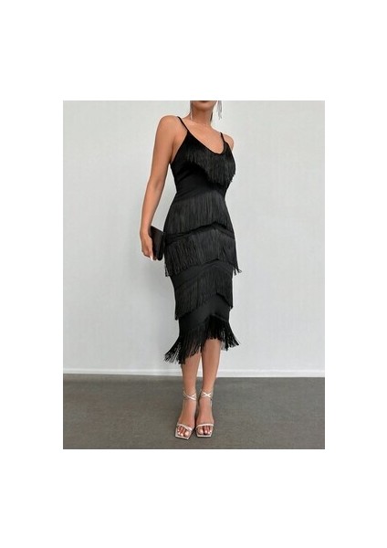 Kadın Askılı Püsküllü Şık Abiye Siyah Gece Elbisesi indirimleri