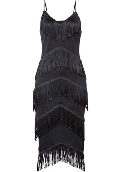 Kadın Askılı Püsküllü Şık Abiye Siyah Gece Elbisesi