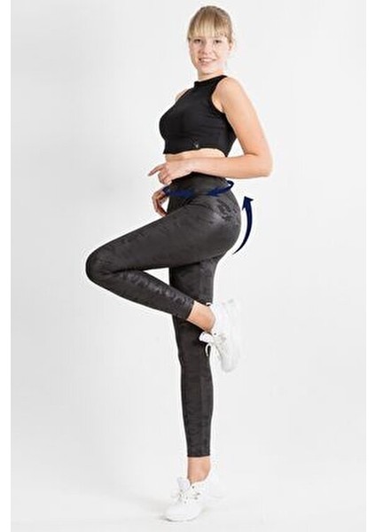 Kadın Siyah Yüksek Bel Toparlayıcı Kamuflaj Desenli Tayt C-22404 fırsatları