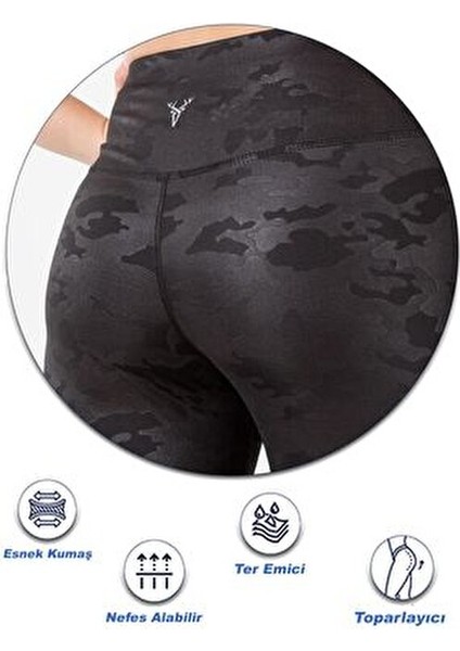 Kadın Siyah Yüksek Bel Tayt Kamuflaj Deseniyle Günlük ve Spor Kullanıma Uygun
