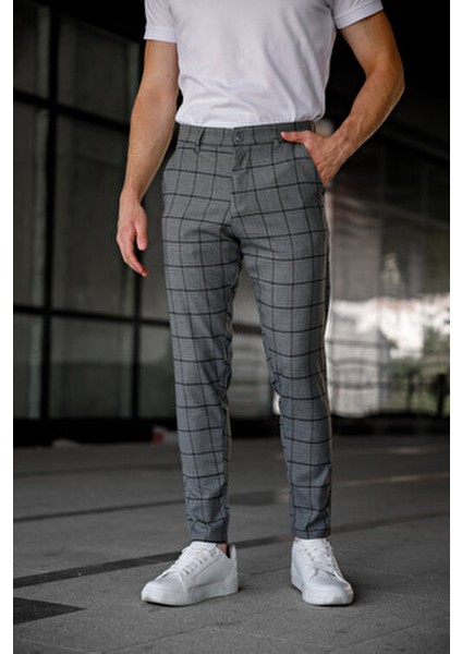 Erkek Slim Fit Gri Ekoseli Kumaş Pantolon %65 Polyester %32 Viskon 32 Beden fiyatları