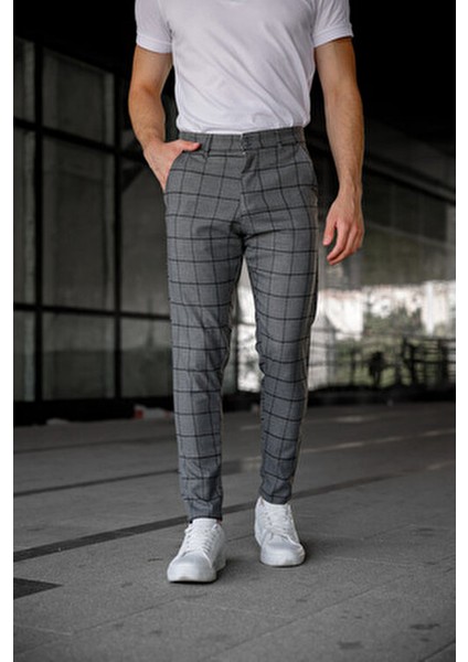 Erkek Slim Fit Gri Ekoseli Kumaş Pantolon %65 Polyester %32 Viskon 32 Beden modelleri