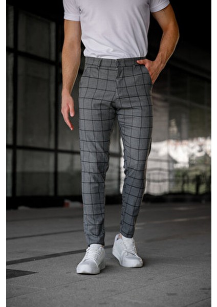 Erkek Slim Fit Gri Ekoseli Kumaş Pantolon %65 Polyester %32 Viskon 32 Beden fırsatları